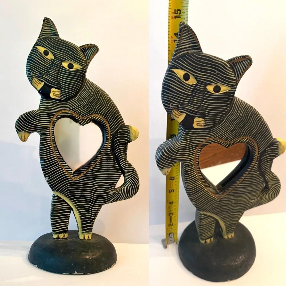 PIER 1 STRIPED WOODEN FOLK ART CAT With MIRROR Statue 15” tall